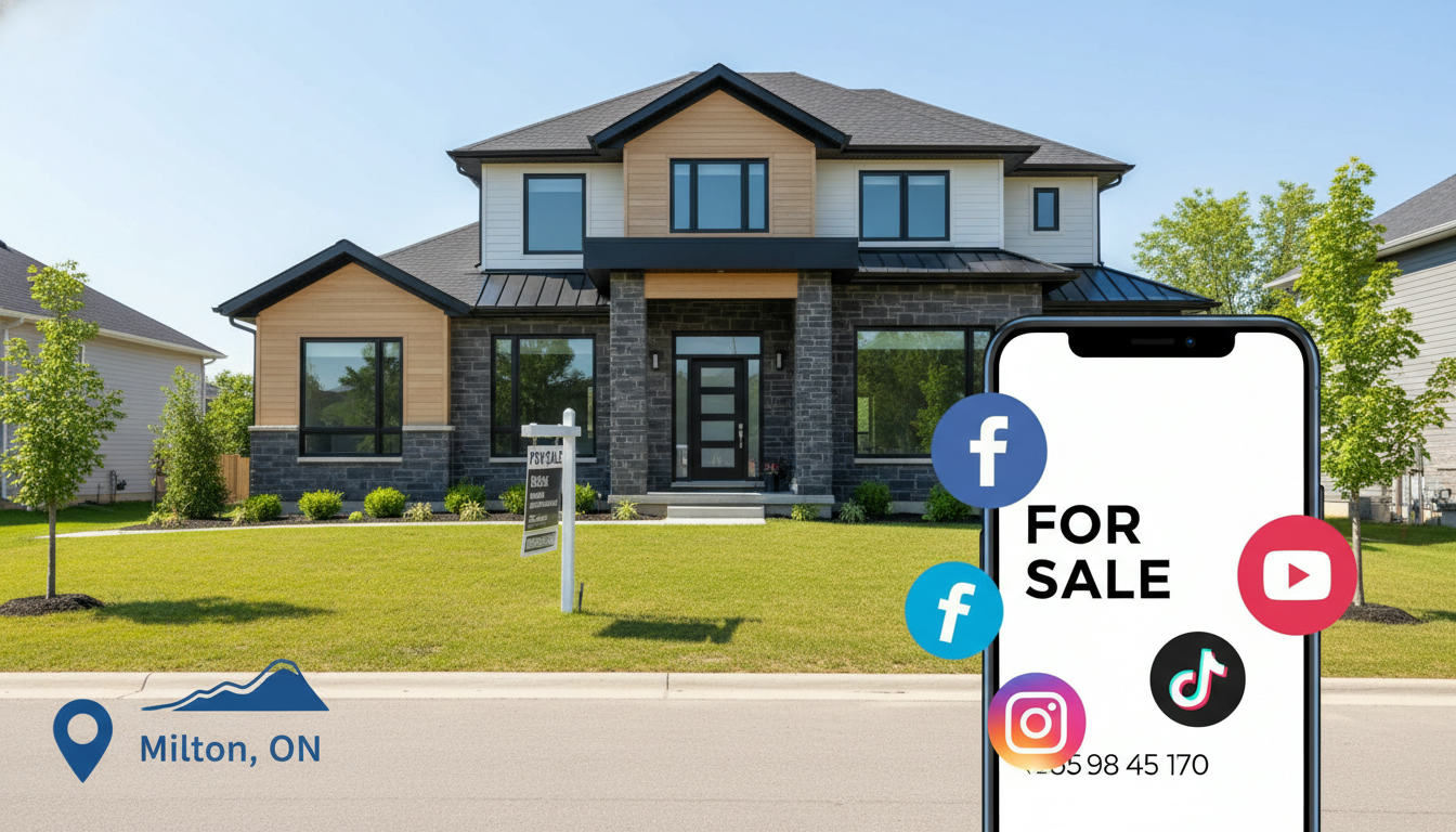 Smartphone showing social media posts for a Milton, ON house for sale with a For Sale sign in front