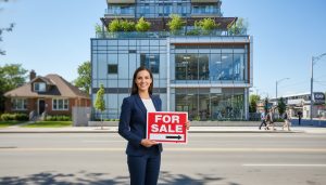 Realtor with For Sale sign in front of a Milton condominium, detached house blurred in background