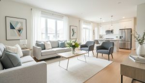 Staged Milton living room with neutral decor, no personal photos, bright natural light
