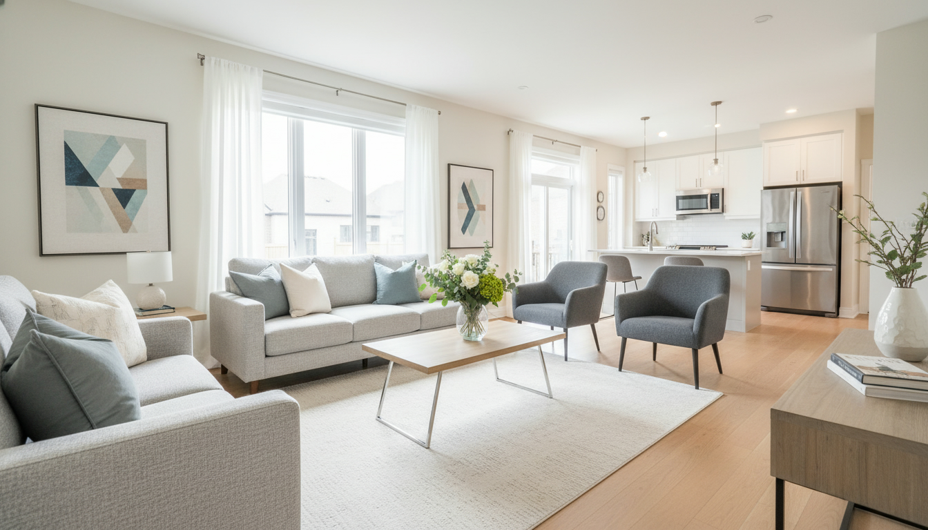 Staged Milton living room with neutral decor, no personal photos, bright natural light