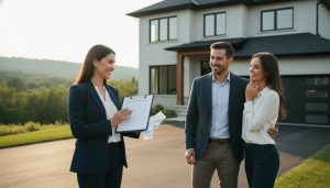 Real estate agent showing home inspection report to sellers outside a Milton, Ontario house