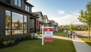 Suburban Milton Ontario street with For Sale sign and commuter train in the distance