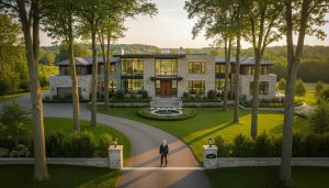 Luxury rural estate in Milton, Ontario at golden hour with 'By Appointment Only' sign and realtor.