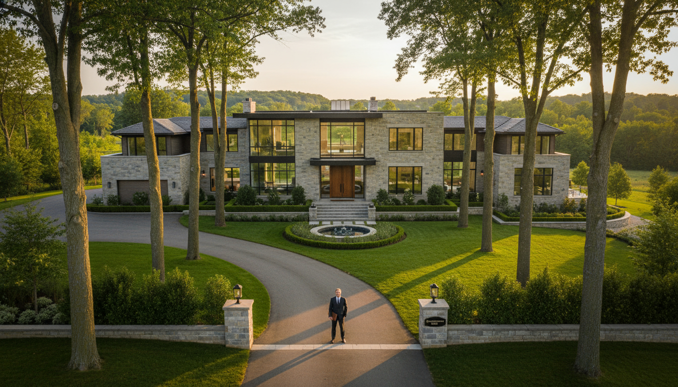 Luxury rural estate in Milton, Ontario at golden hour with 'By Appointment Only' sign and realtor.