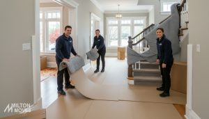 Movers protecting hardwood floors and walls with Ram Board, stair runners and blankets in a Milton home
