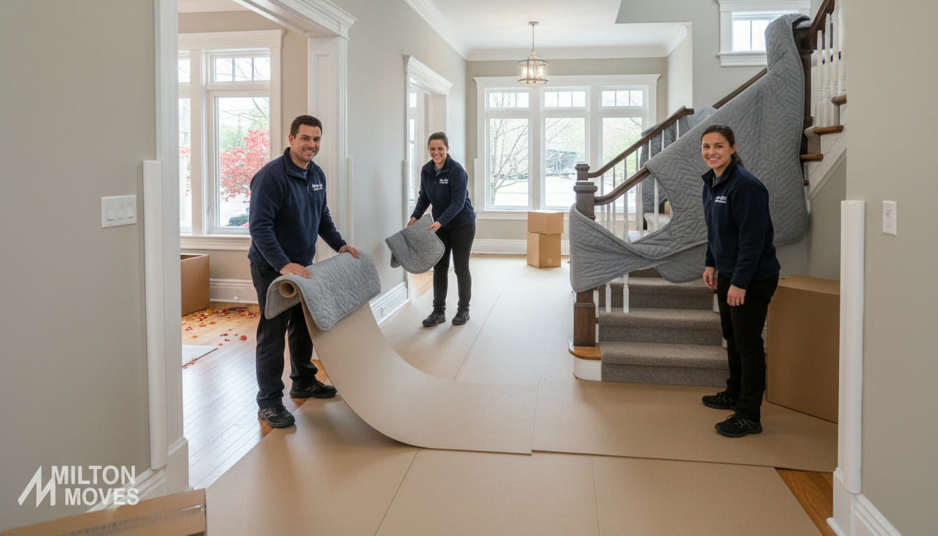 Movers protecting hardwood floors and walls with Ram Board, stair runners and blankets in a Milton home
