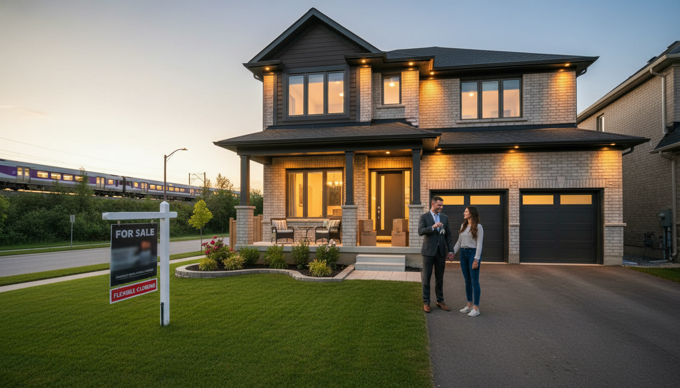 Milton Ontario suburban house with 'For Sale' sign and 'Flexible Closing' banner, realtor handing keys to buyers, GO train in background.