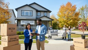 Milton moving day with realtor handing checklist to homeowner, movers loading boxes in front of a suburban house