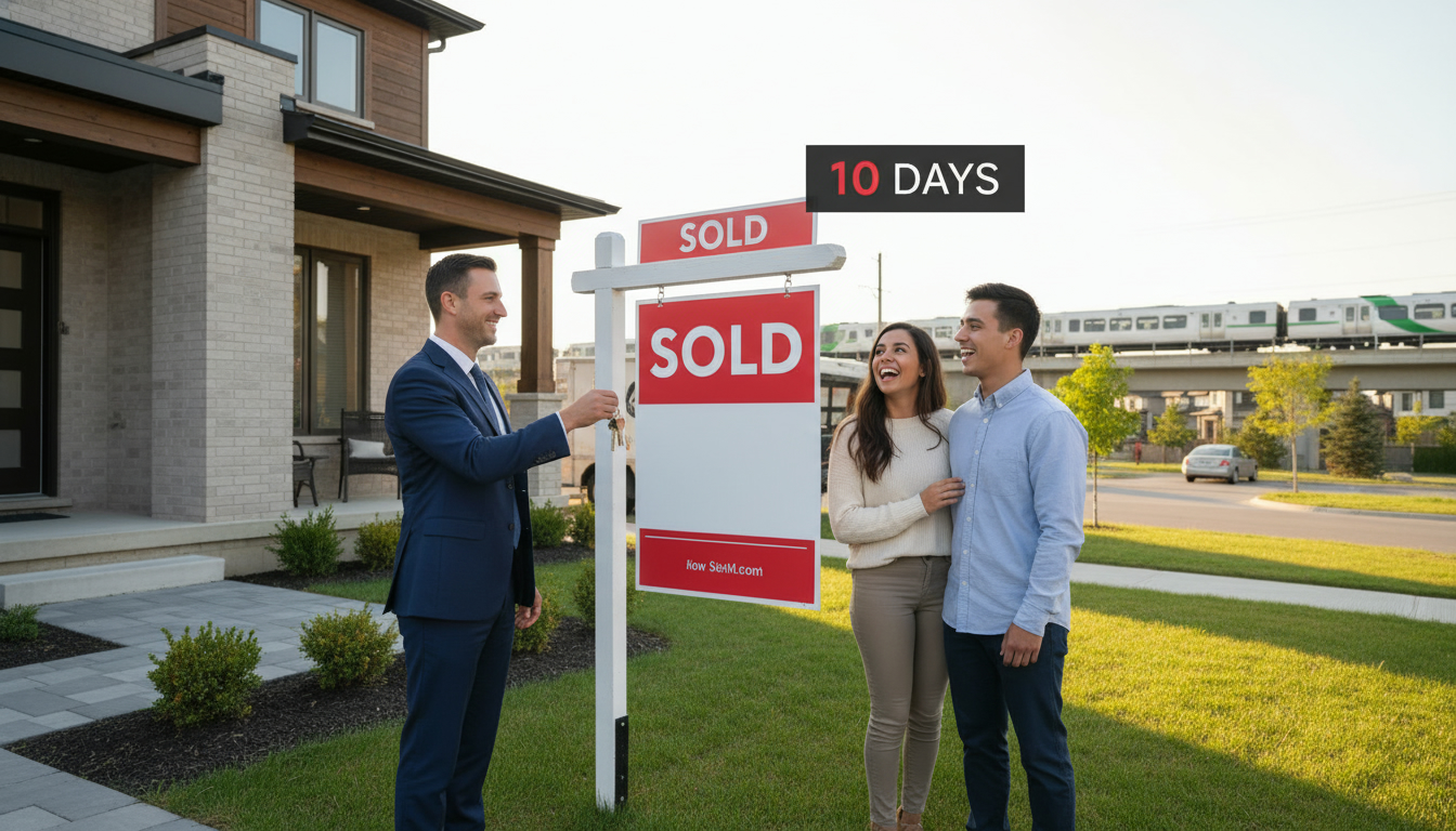 Modern Milton Ontario home with SOLD sign and realtor handing keys to buyers, countdown clock showing 10 days