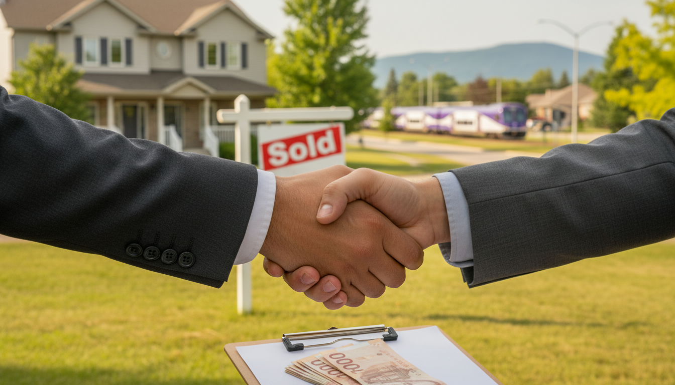 Milton Ontario home sold sign with handshake and cash showing quick sale and cash buyer concept