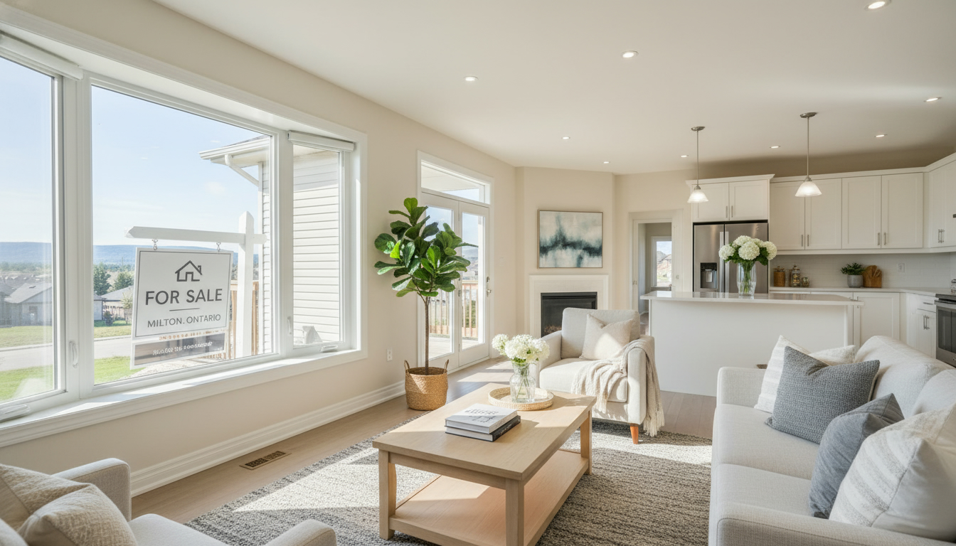 Staged Milton Ontario living room with For Sale sign visible through window; clean, neutral décor and bright lighting.