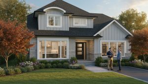 Updated Milton, Ontario home with modern kitchen visible, inspector with clipboard, new roof and landscaping.