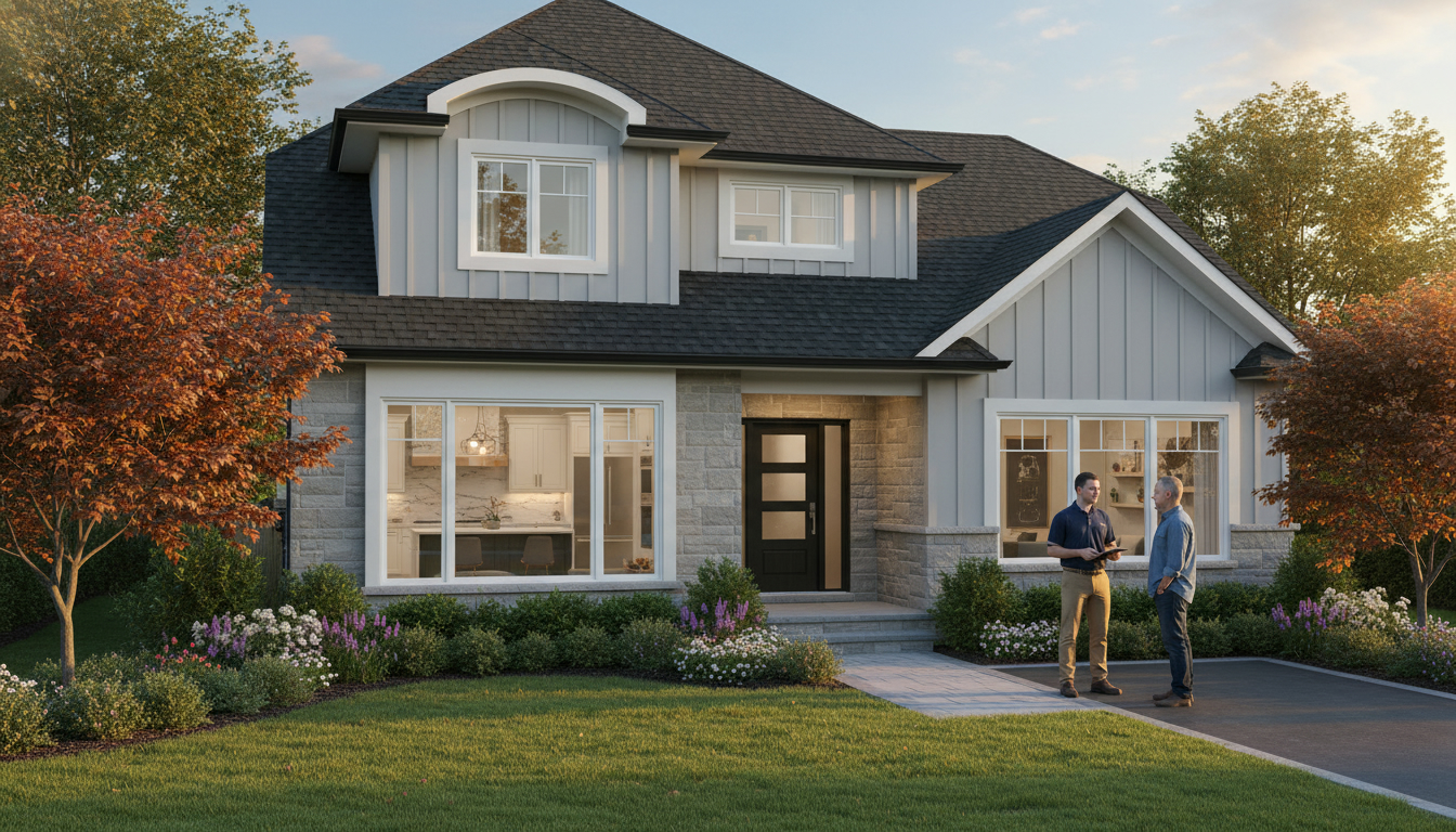 Updated Milton, Ontario home with modern kitchen visible, inspector with clipboard, new roof and landscaping.