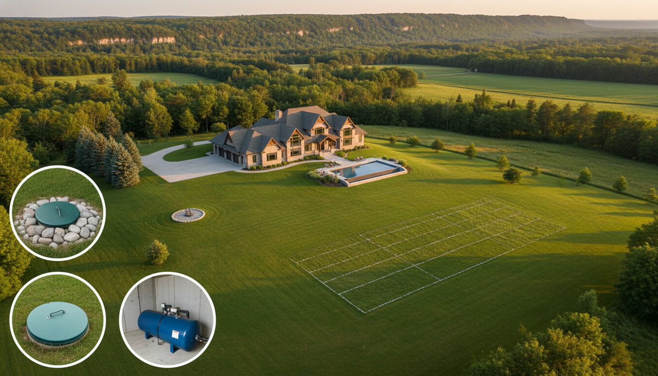 Aerial view of a luxury rural home in Milton, Ontario with inset close-ups of well head and septic tank area