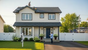 Milton home being inspected and repaired before listing: contractor on roof, inspector with clipboard, staging visible