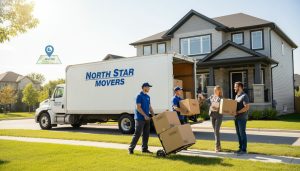 Professional movers carrying labeled boxes in front of a suburban Milton, Ontario house with realtor handing keys and a visible moving checklist.