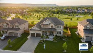 Staged family home in Milton, Ontario with For Sale sign and manicured lawn, showing neighborhood and green space.