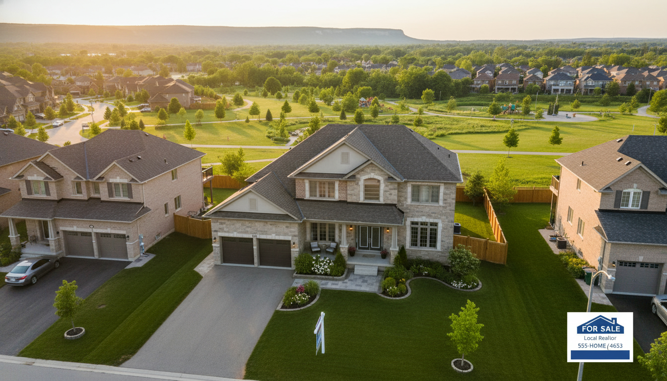 Staged family home in Milton, Ontario with For Sale sign and manicured lawn, showing neighborhood and green space.