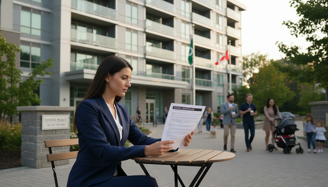 Realtor reviewing a Status Certificate document in front of a Milton, Ontario condo building