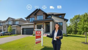 Modern Milton, Ontario home with For Sale sign and cost icons overlay representing selling expenses