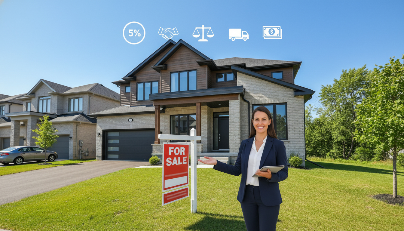 Modern Milton, Ontario home with For Sale sign and cost icons overlay representing selling expenses