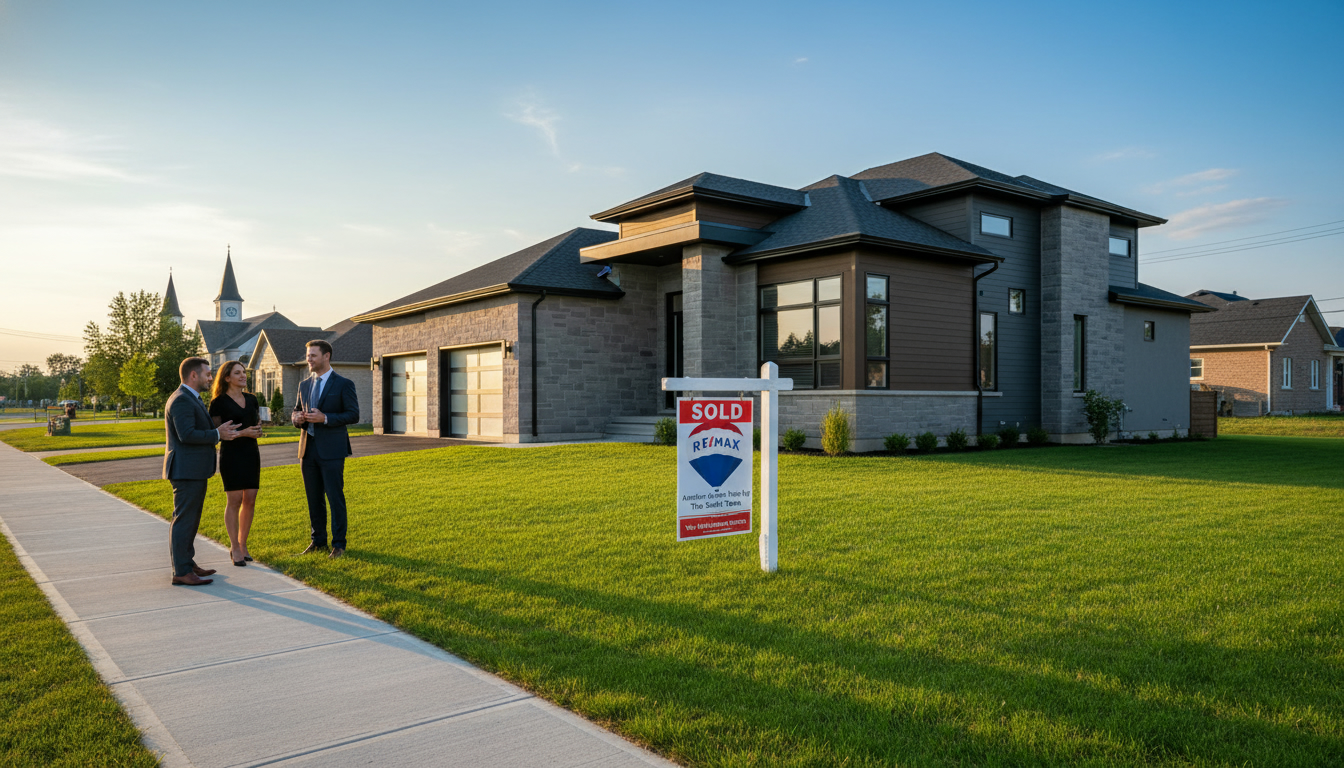 Modern Milton home with SOLD sign and buyers gathered outside at sunset
