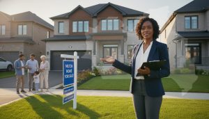 Real estate agent standing next to 'For Sale' sign in Milton, Ontario front yard, pointing and speaking to potential sellers.