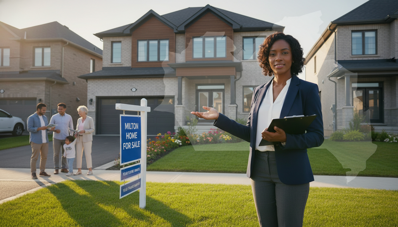 Real estate agent standing next to 'For Sale' sign in Milton, Ontario front yard, pointing and speaking to potential sellers.