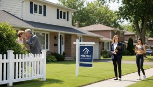 Suburban Milton home with For Sale sign and neighbours peeking from fence while agent stands by the door