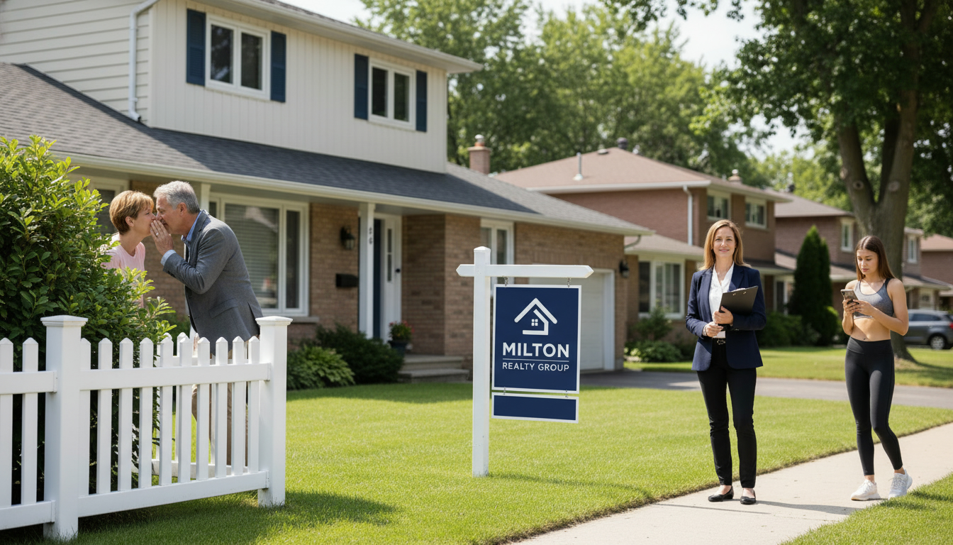 Suburban Milton home with For Sale sign and neighbours peeking from fence while agent stands by the door