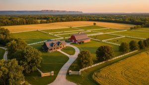 Aerial view of luxury acreage near Milton Ontario with farmhouse, barn and paddocks at golden hour.