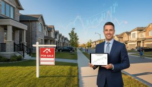 Milton Ontario street with a For Sale sign and market trend graphs overlay