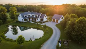 Luxury rural home near Milton Ontario with pond and detached studio at golden hour, for sale
