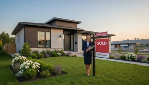 Modern Milton home with Sold sign and real estate agent in front yard, twilight lighting