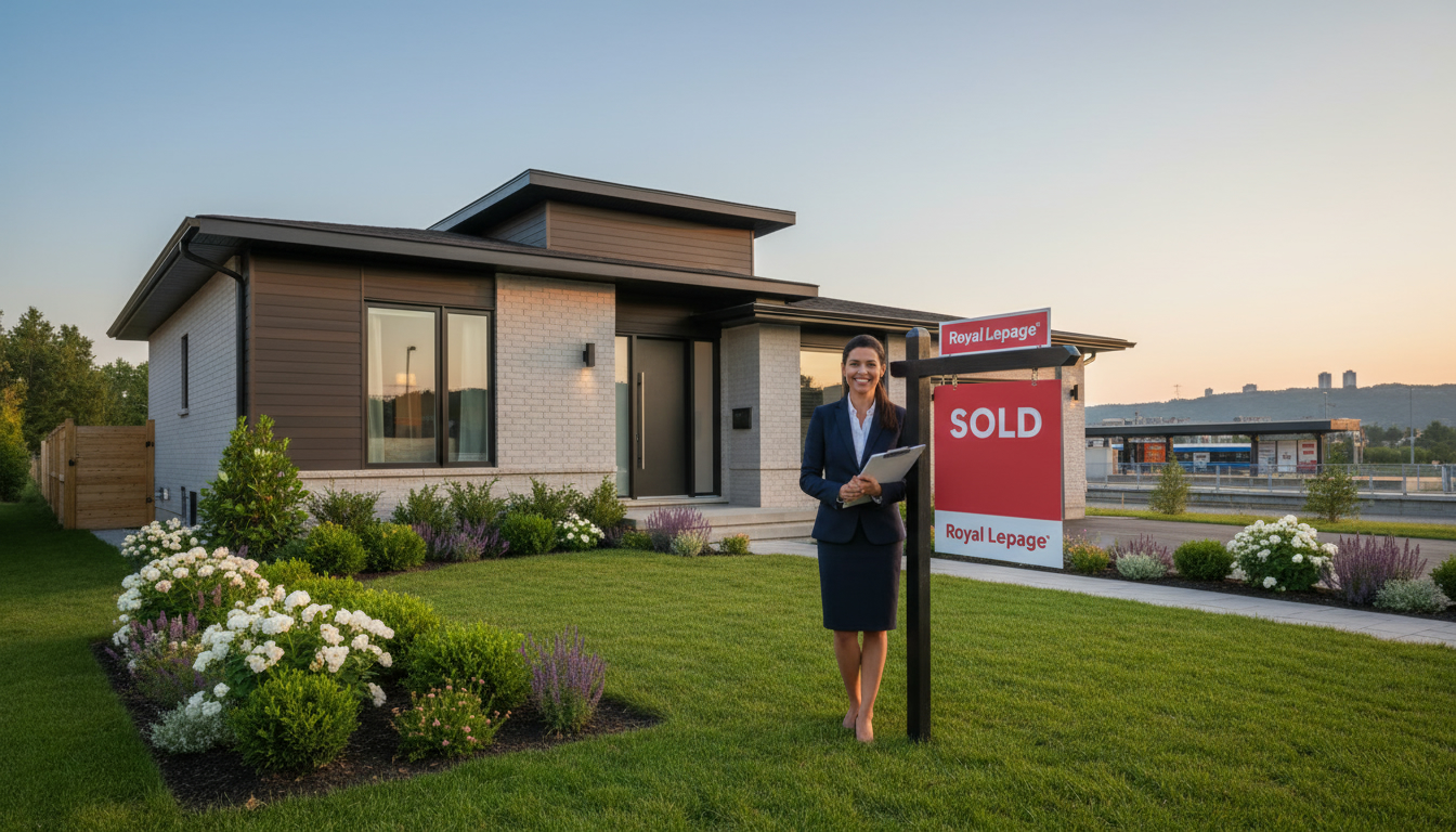 Modern Milton home with Sold sign and real estate agent in front yard, twilight lighting