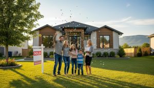 Happy family and realtor celebrating outside a Milton, Ontario home with a Sold sign and confetti.