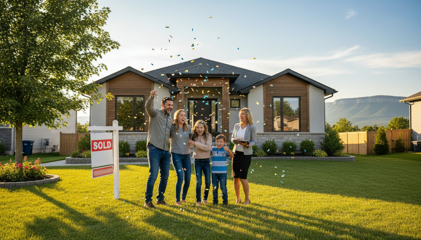 Happy family and realtor celebrating outside a Milton, Ontario home with a Sold sign and confetti.