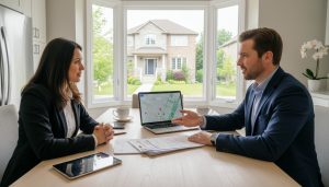 Realtor advising homeowner in Milton during negotiation with offer documents and laptop showing map