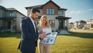 Real estate agent and homeowner reviewing home inspection report outside a Milton, Ontario house