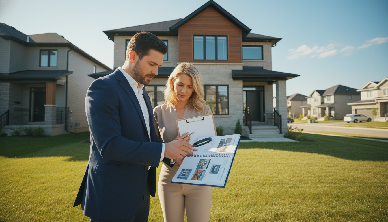 Real estate agent and homeowner reviewing home inspection report outside a Milton, Ontario house