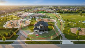 Aerial view of a Milton house for sale with nearby school and park visible, map overlay showing walking times.