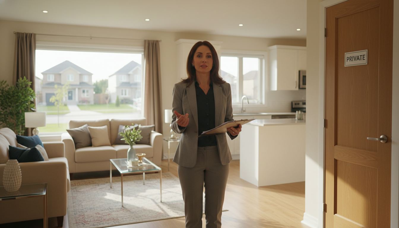Realtor in a staged Milton home showing an unlocked kitchen and a closed bedroom door labelled 'private'.