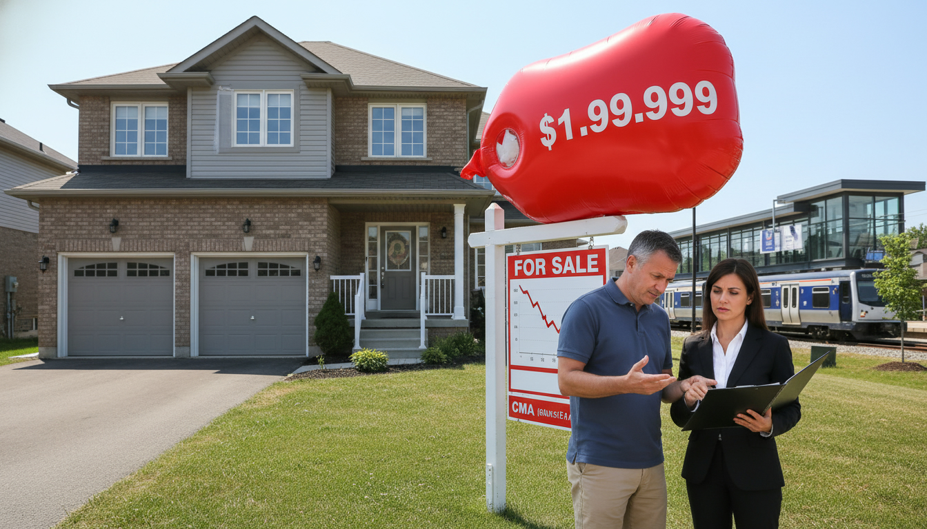 Milton home for sale with inflated price tag, homeowner reviewing market chart, realtor with CMA report
