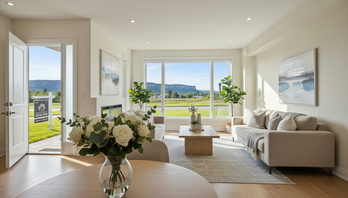 Staged Milton home interior ready for open house with sunlight, fresh flowers, and open front door