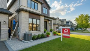 Milton home for sale with HVAC technician installing air conditioning on a sunny day