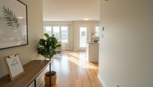 Staged Milton, Ontario home interior with a tasteful 'Please schedule showings' sign on the door and a real estate agent clipboard on a console table.