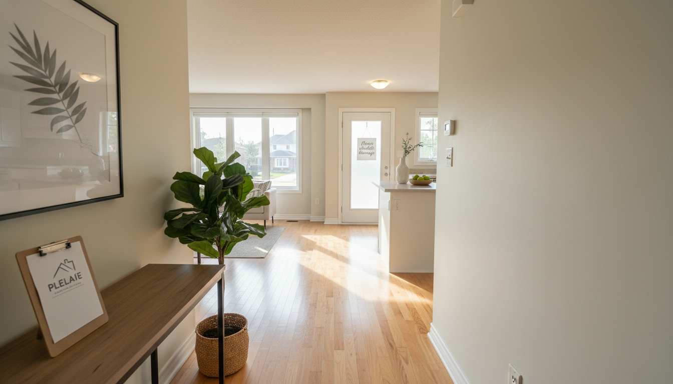 Staged Milton, Ontario home interior with a tasteful 'Please schedule showings' sign on the door and a real estate agent clipboard on a console table.