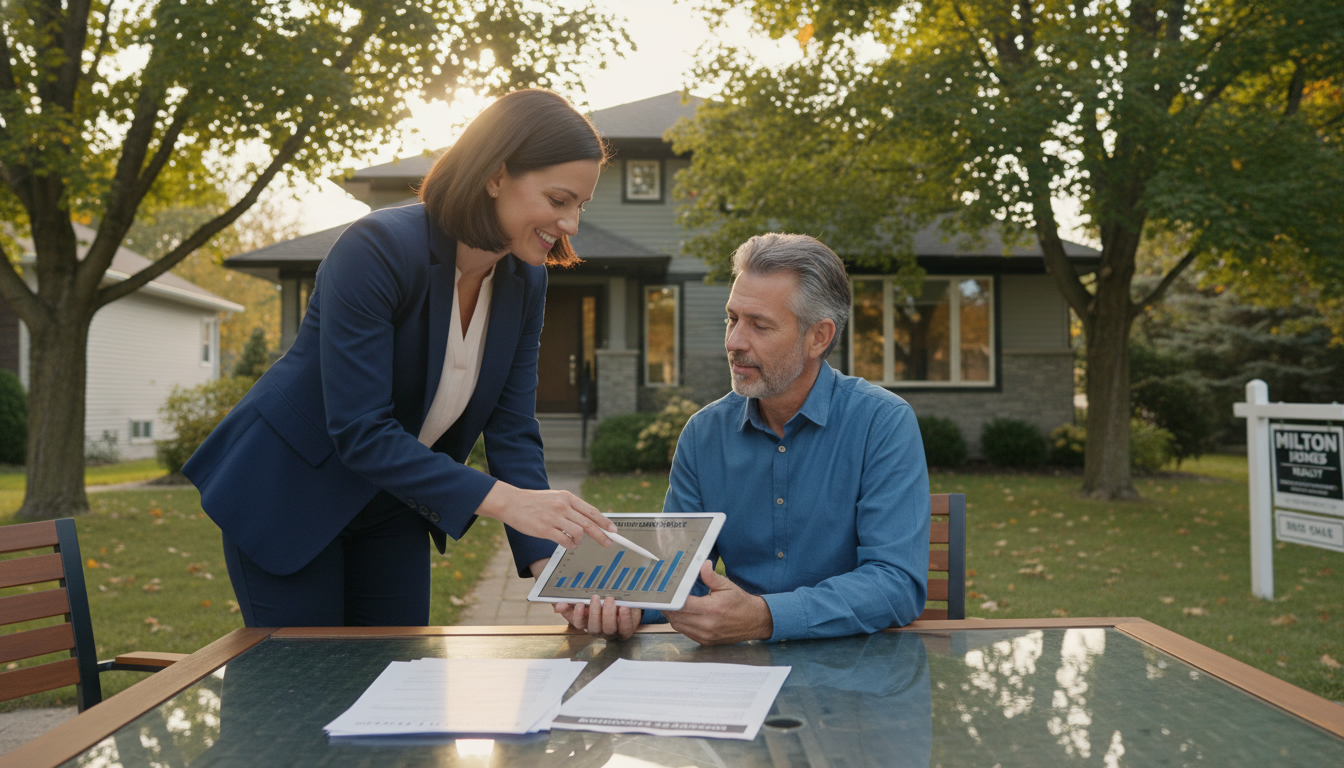 Milton home seller calmly reviewing offer with realtor at table, suburban house visible outside