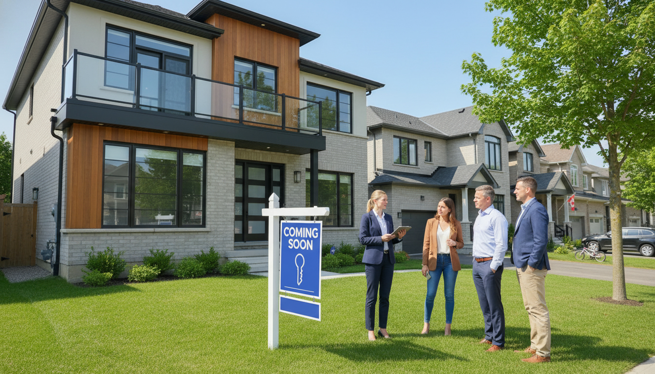 Milton Ontario house with a 'Coming Soon' sign and interested buyers outside