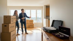 Realtor advising family in a Milton home with labeled boxes and valuables on the table